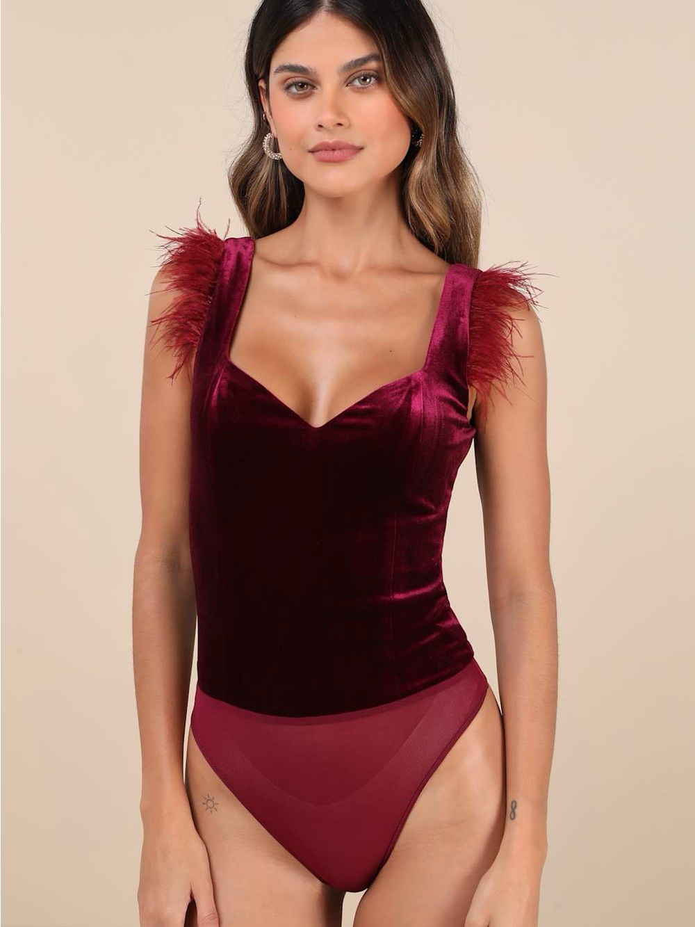 Lulu’s Fabulous Vibe Plum Velvet Feather Sleeveless Bodysuit